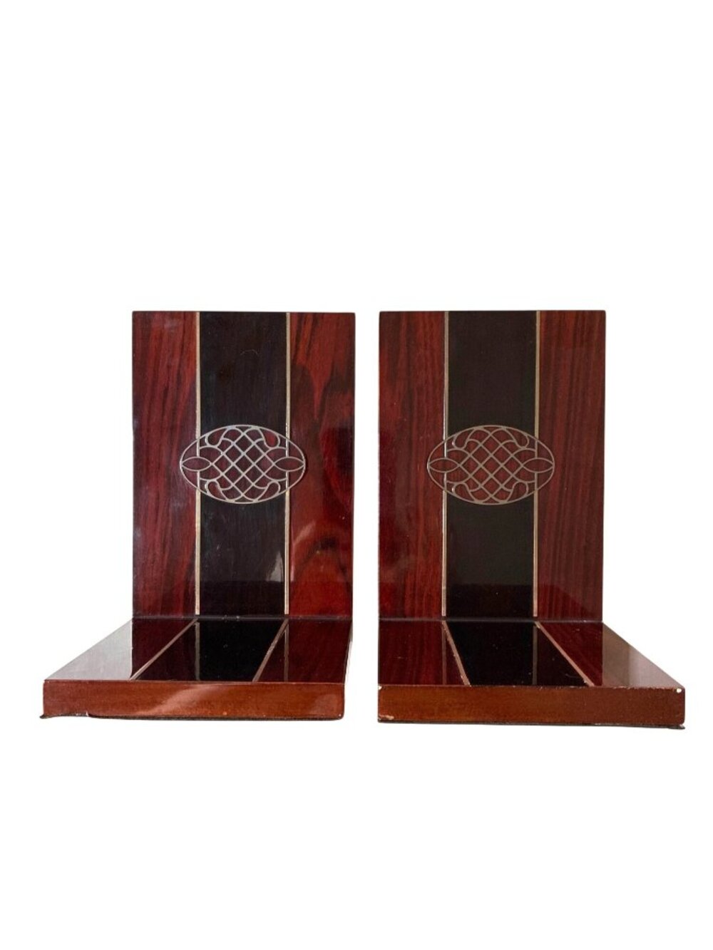 Pair Wood & Black Lacquered Bookends Intricate Metal Inlay Art Deco Style